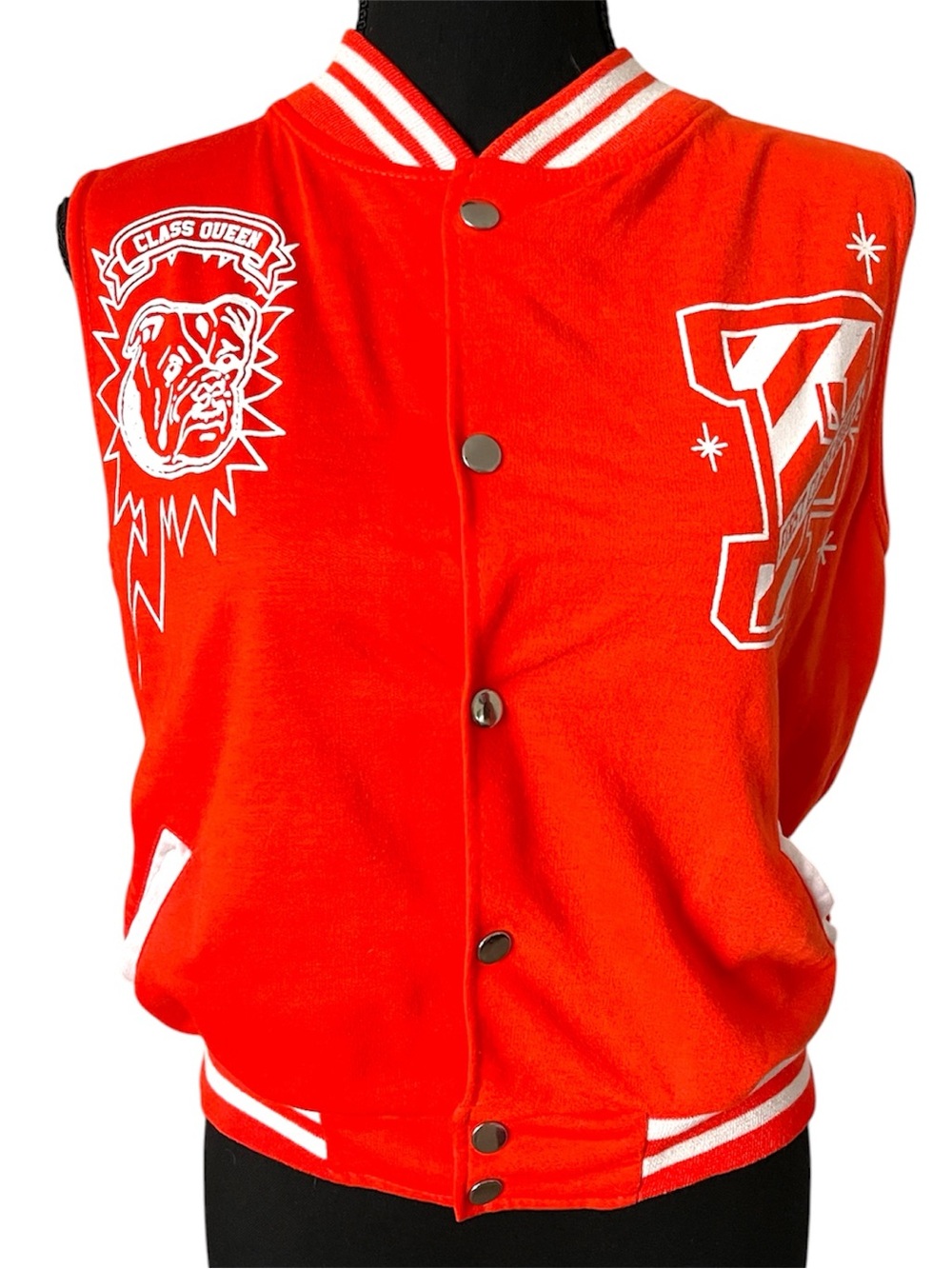 Orange 'Class Queen' Graphic Snap-Front Varsity Vest